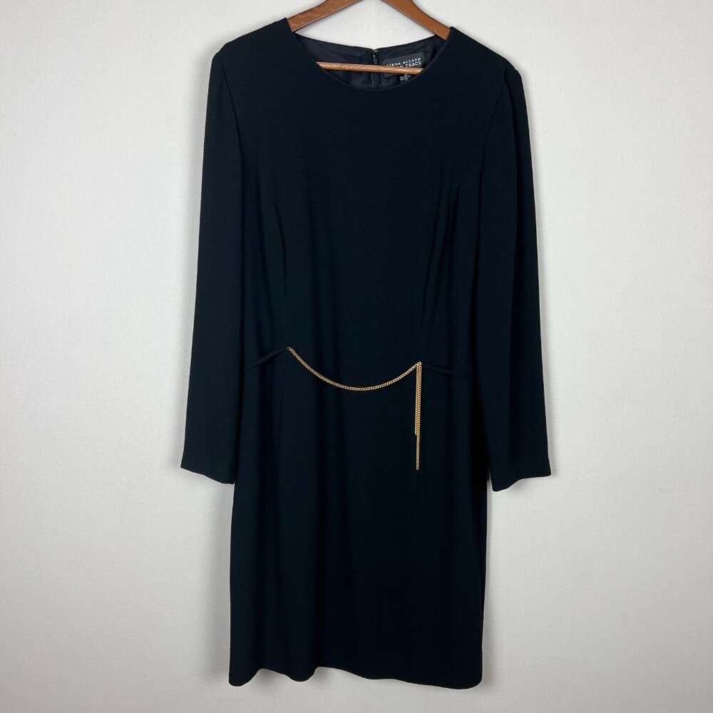 Linda Allard Ellen Tracy Dress Womens 12 Black Sheath Chain Long Sleeve Business